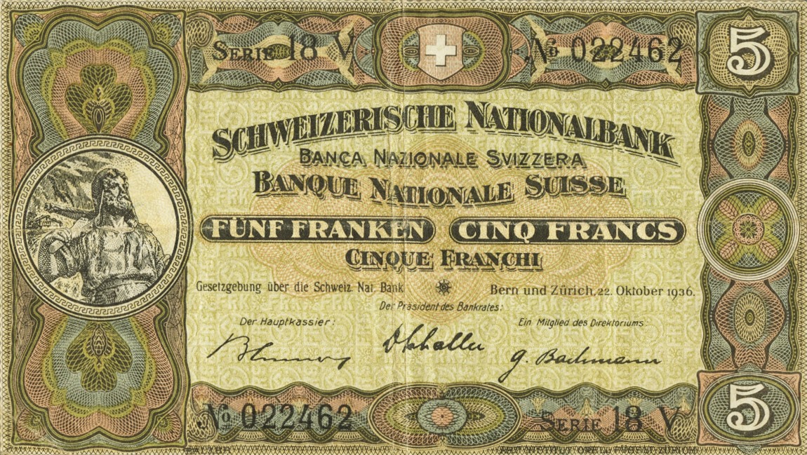 Front of Switzerland p11h: 5 Franken from 1936