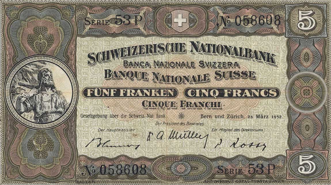 Front of Switzerland p11p: 5 Franken from 1952