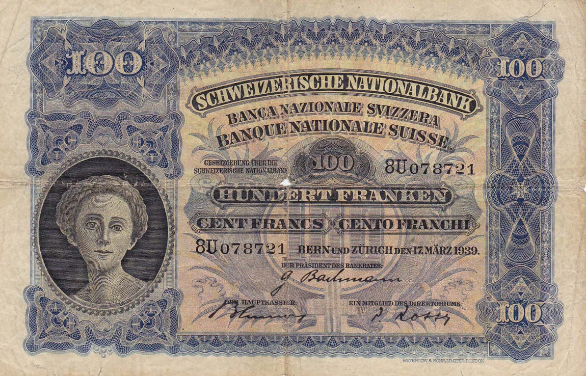Front of Switzerland p35k: 100 Franken from 1939