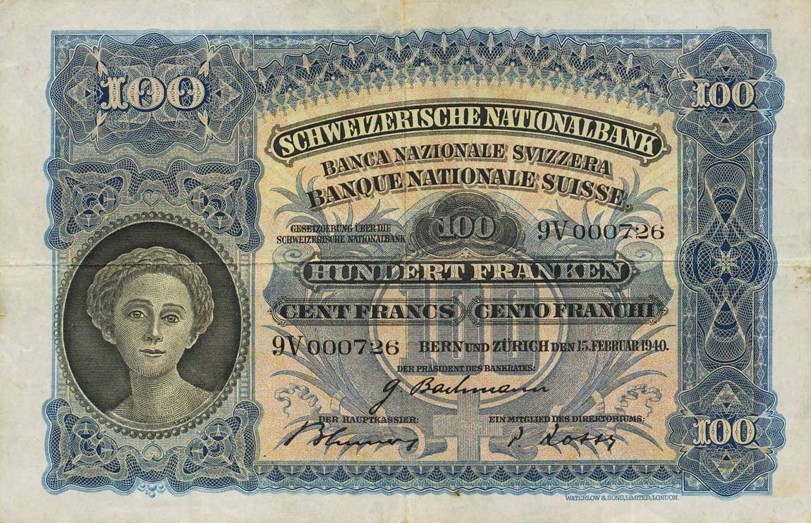 Front of Switzerland p35m: 100 Franken from 1940