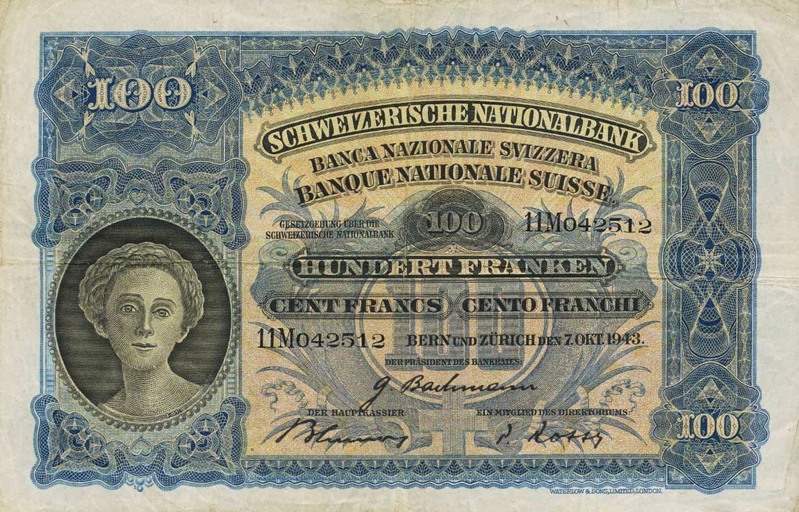 Front of Switzerland p35p: 100 Franken from 1943