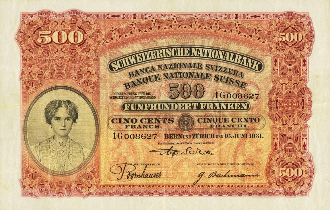 Front of Switzerland p36b: 500 Franken from 1931