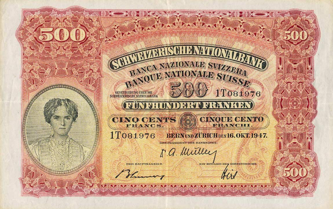Front of Switzerland p36f: 500 Franken from 1947