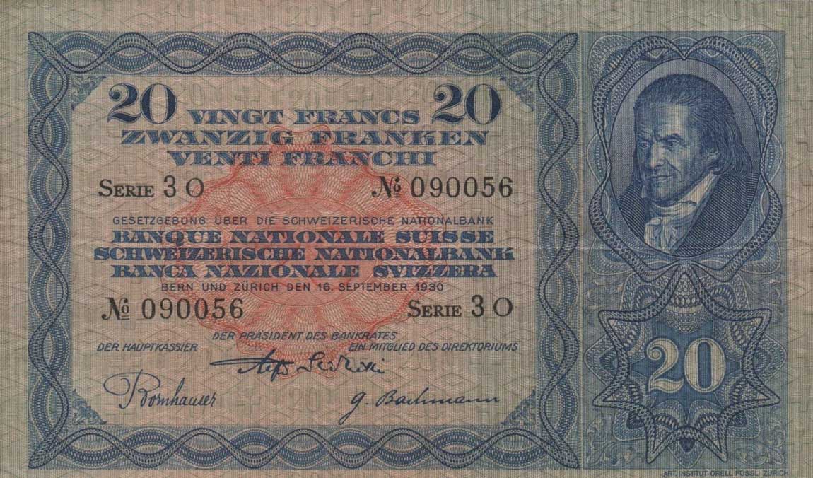 Front of Switzerland p39b: 20 Franken from 1930