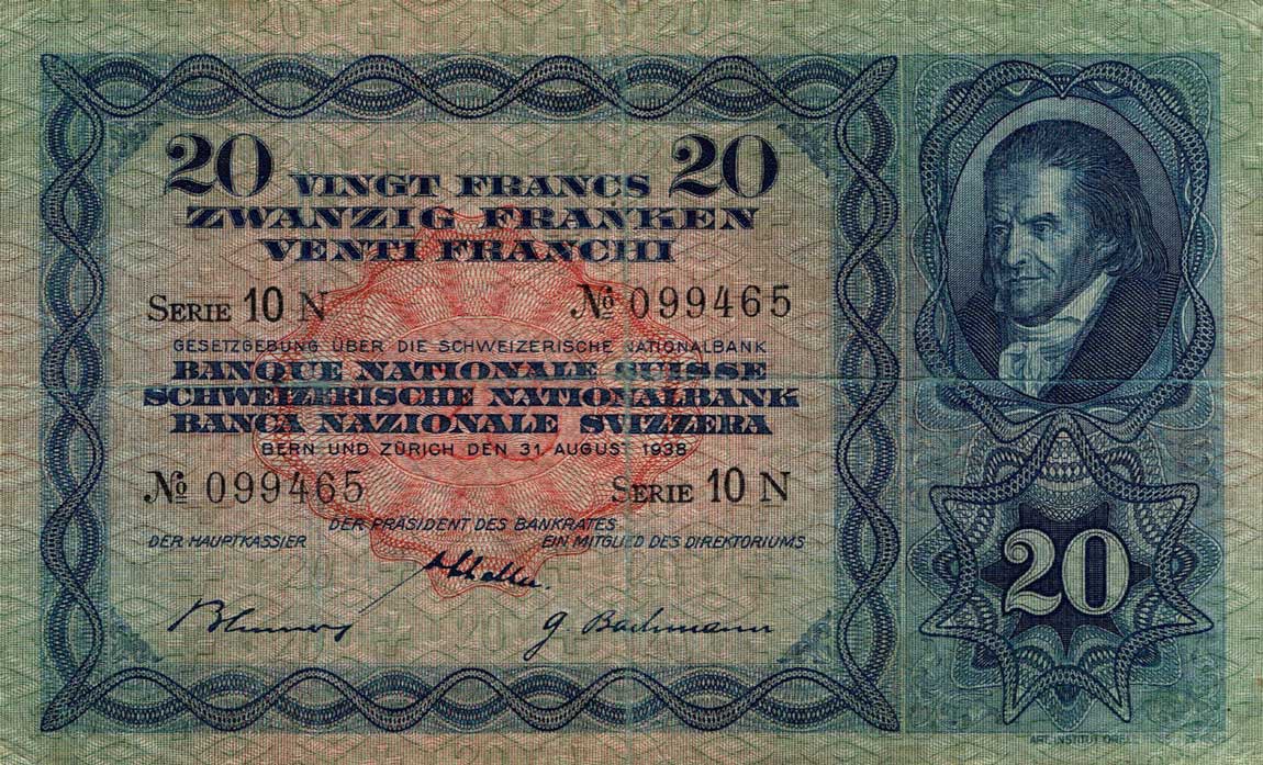 Front of Switzerland p39h: 20 Franken from 1938