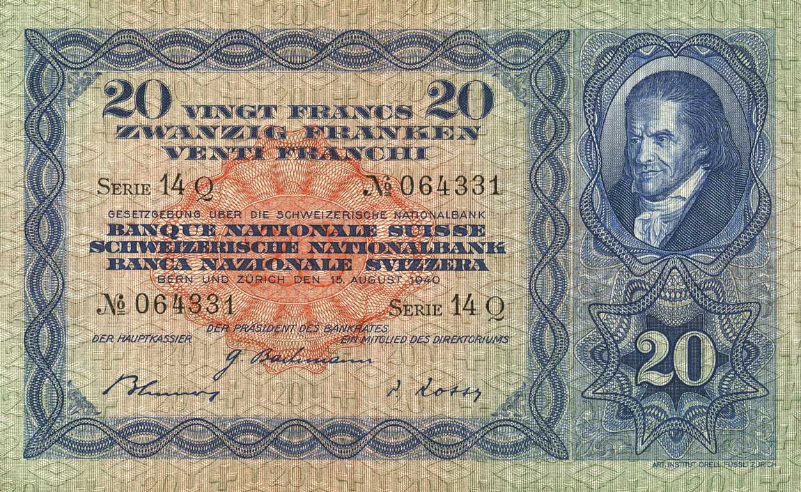 Front of Switzerland p39k: 20 Franken from 1940