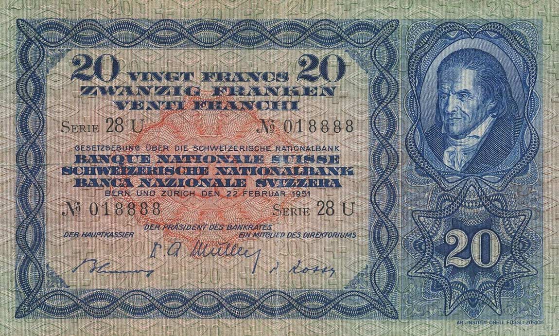 Front of Switzerland p39s: 20 Franken from 1951