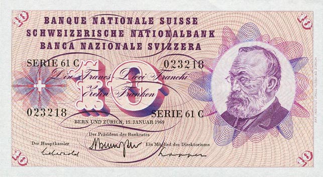 Front of Switzerland p45m: 10 Franken from 1967
