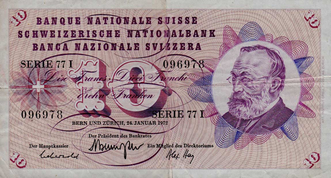 Front of Switzerland p45q: 10 Franken from 1971