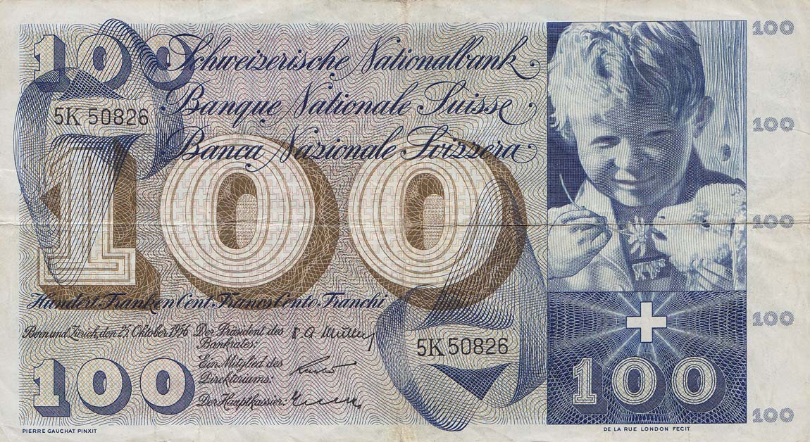 Front of Switzerland p49a: 100 Franken from 1956