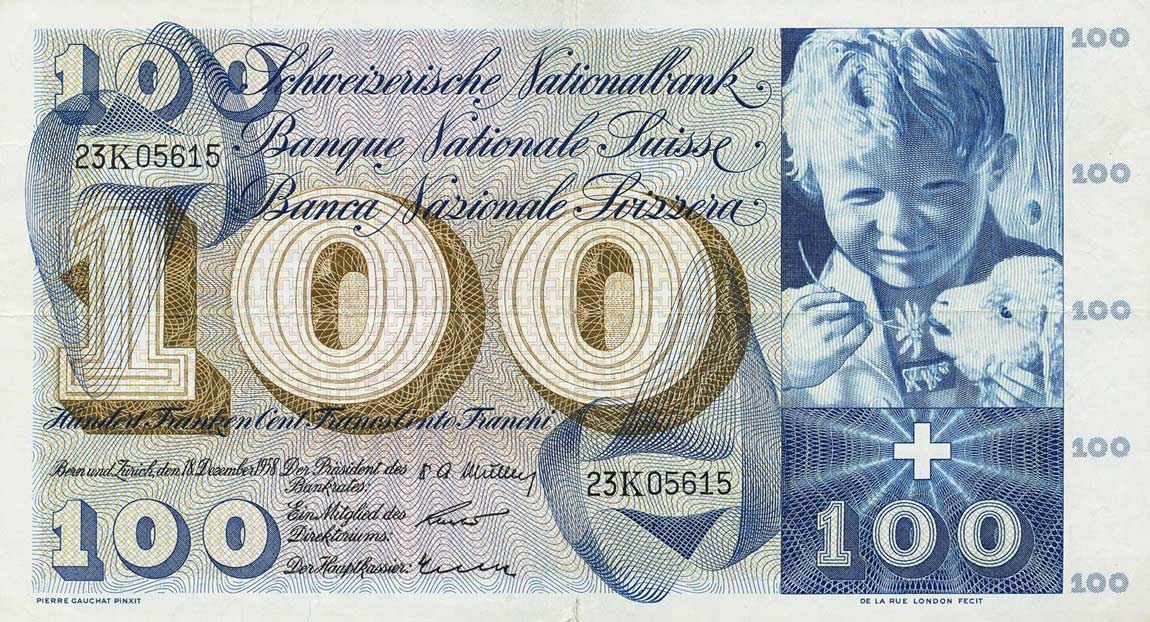 Front of Switzerland p49c: 100 Franken from 1958