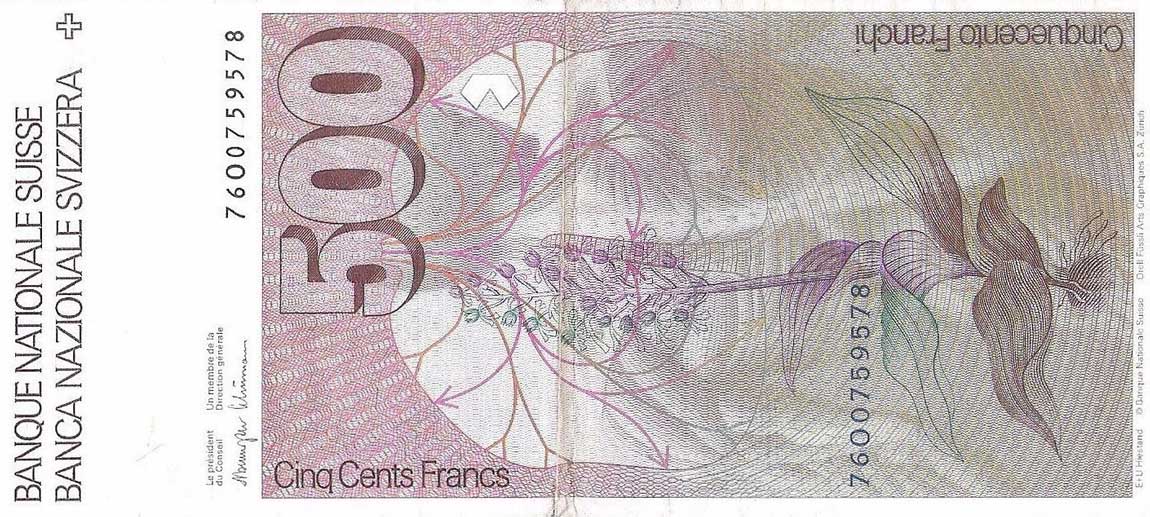 Back of Switzerland p58a: 500 Franken from 1976