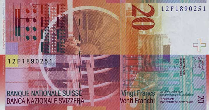 Back of Switzerland p69f: 20 Franken from 2012