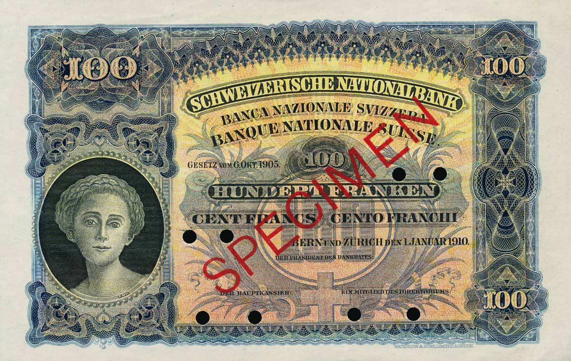Front of Switzerland p6s: 100 Franken from 1910