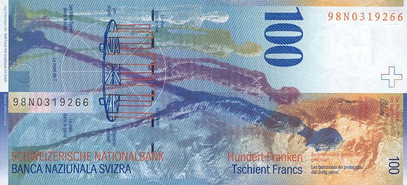 Back of Switzerland p72c: 100 Franken from 1998