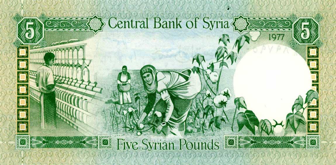 Back of Syria p100a: 5 Pounds from 1977