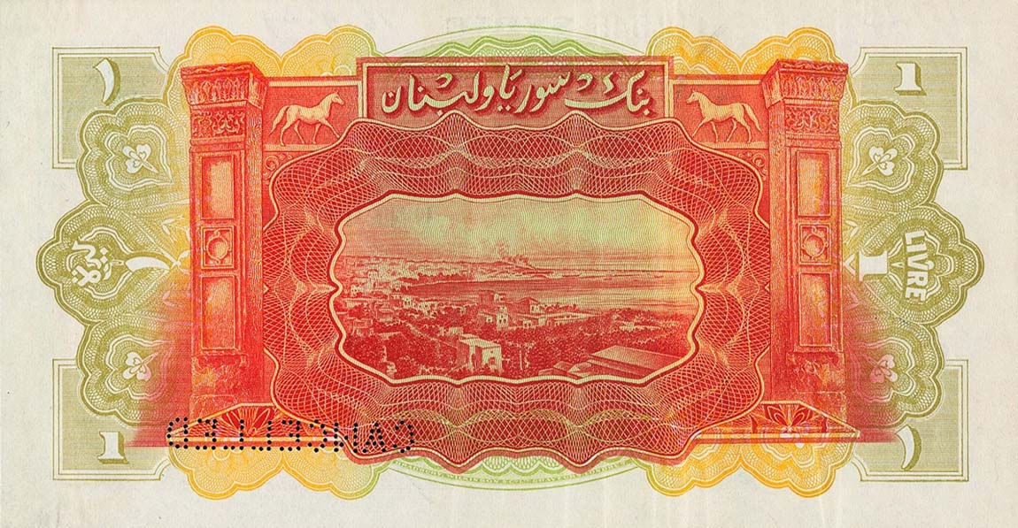 Back of Syria p40s: 1 Livre from 1939