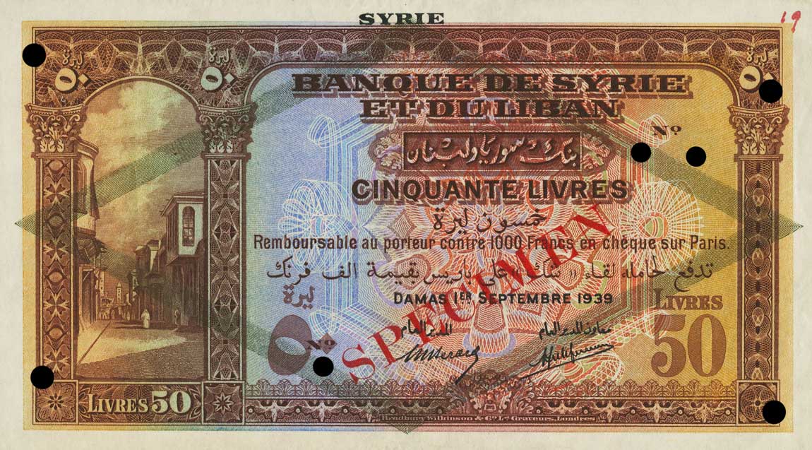 Front of Syria p44s: 50 Livres from 1939