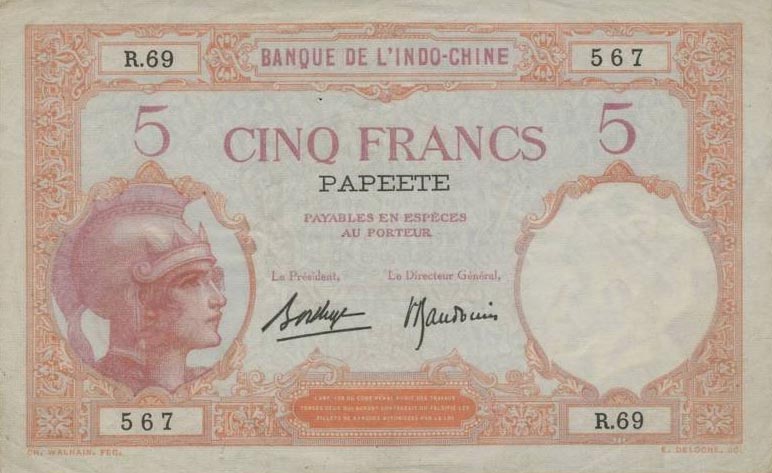 Front of Tahiti p11c: 5 Francs from 1927