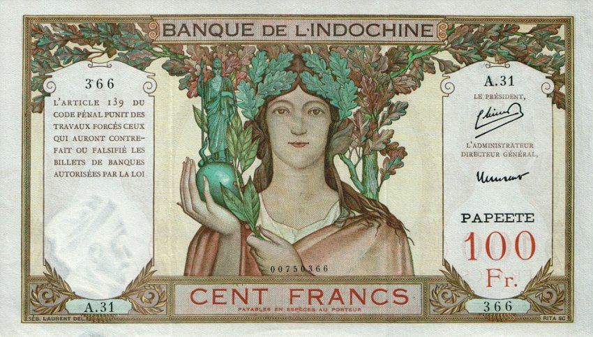 Front of Tahiti p14b: 100 Francs from 1939