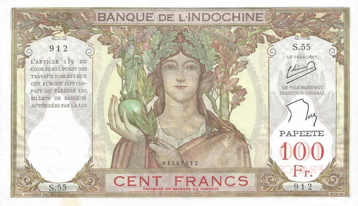 Front of Tahiti p14c: 100 Francs from 1939