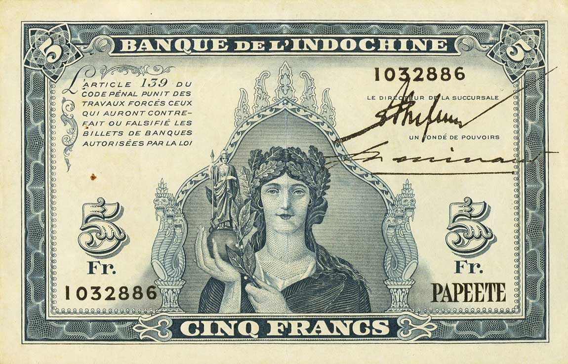 Front of Tahiti p19a: 5 Francs from 1944