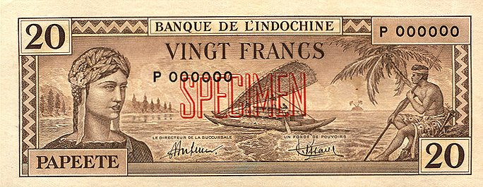 Front of Tahiti p20s: 20 Francs from 1944
