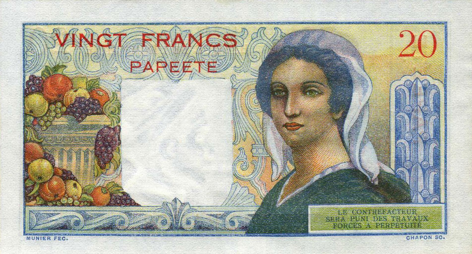Back of Tahiti p21b: 20 Francs from 1954