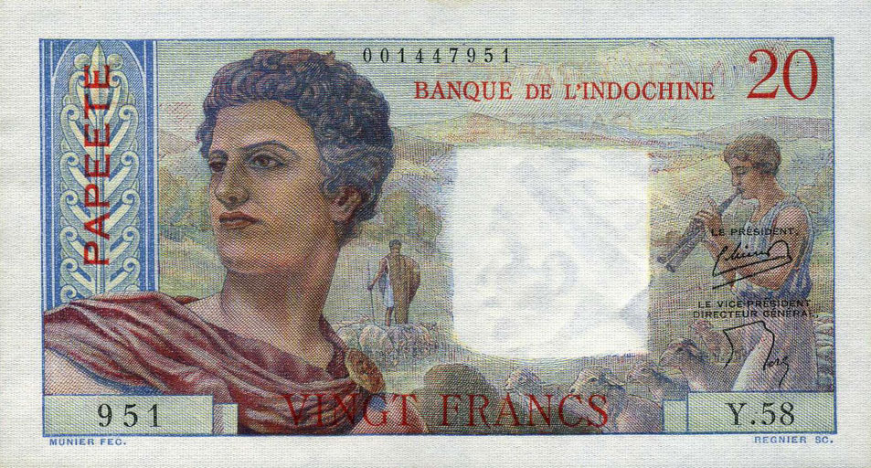 Front of Tahiti p21b: 20 Francs from 1954