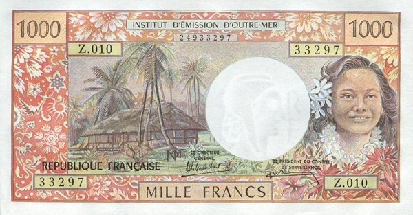 Front of Tahiti p27d: 1000 Francs from 1985
