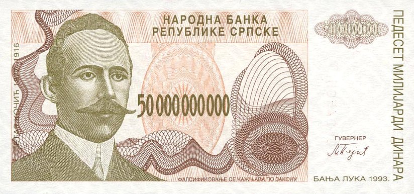 Front of Bosnia and Herzegovina p160a: 50000000000 Dinara from 1993