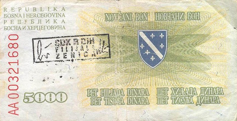 Back of Bosnia and Herzegovina p16b: 5000 Dinara from 1993