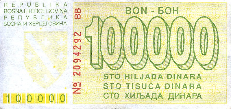 Back of Bosnia and Herzegovina p31a: 100000 Dinara from 1993