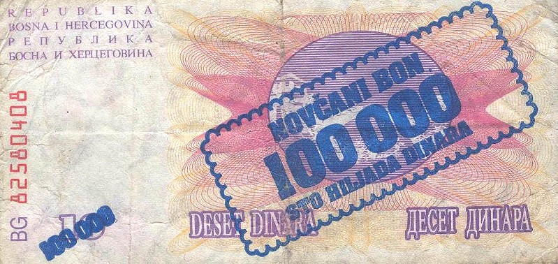 Back of Bosnia and Herzegovina p34a: 100000 Dinara from 1993