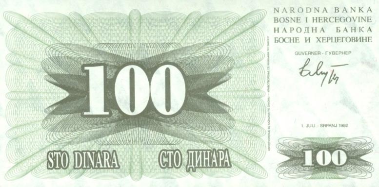 Front of Bosnia and Herzegovina p13a: 100 Dinara from 1992