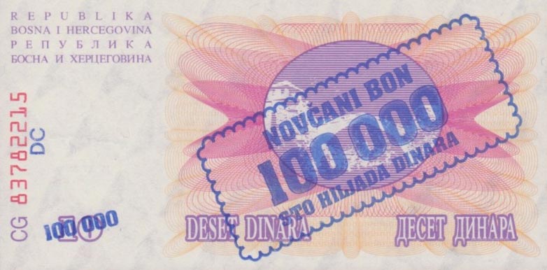 Back of Bosnia and Herzegovina p34b: 100000 Dinara from 1993