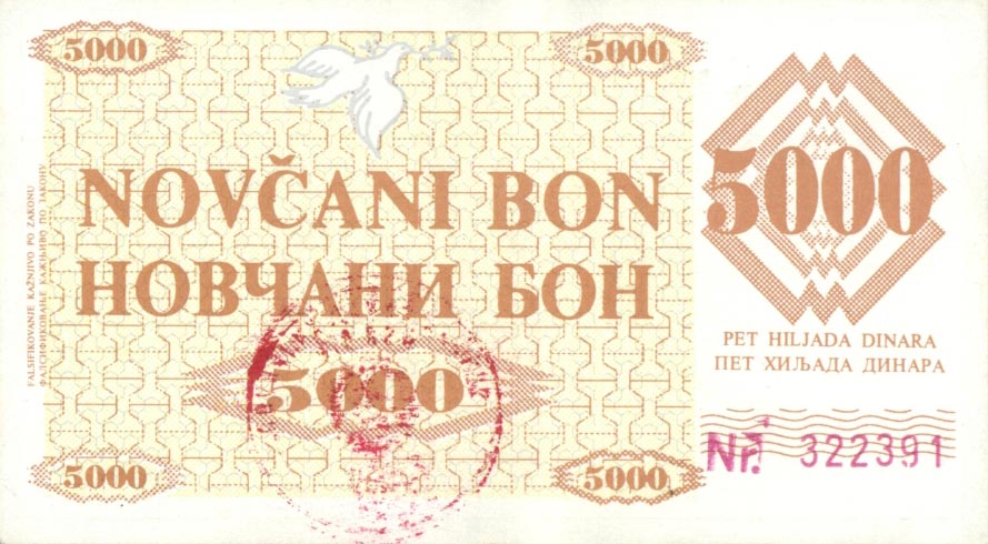 Front of Bosnia and Herzegovina p9e: 5000 Dinara from 1992