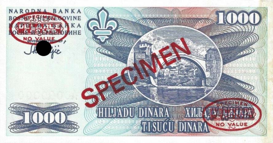 Back of Bosnia and Herzegovina p47Cs: 1000 Dinara from 1995
