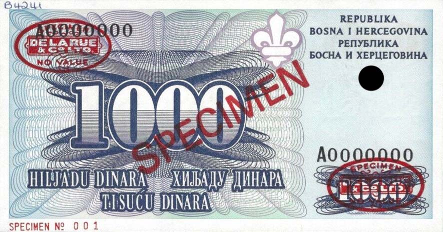 Front of Bosnia and Herzegovina p47Cs: 1000 Dinara from 1995