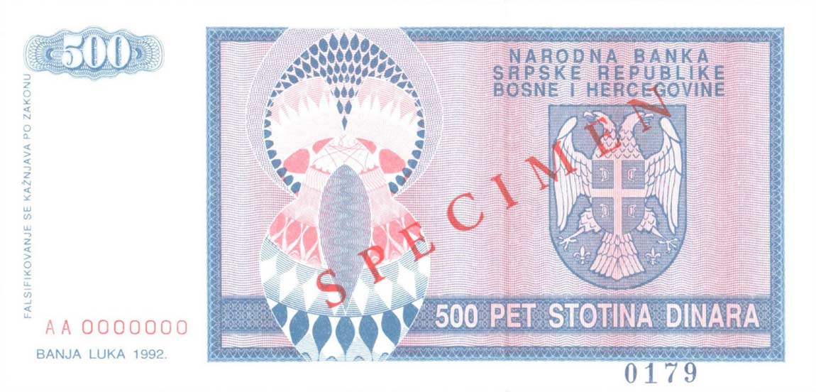 Back of Bosnia and Herzegovina p136s: 500 Dinara from 1992