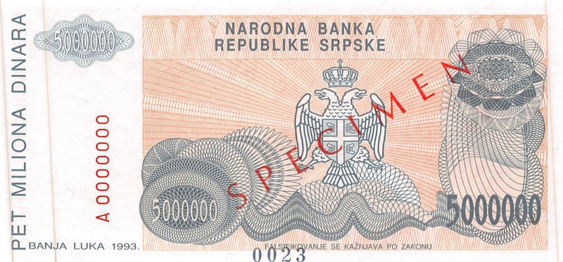 Back of Bosnia and Herzegovina p156s: 5000000 Dinara from 1993