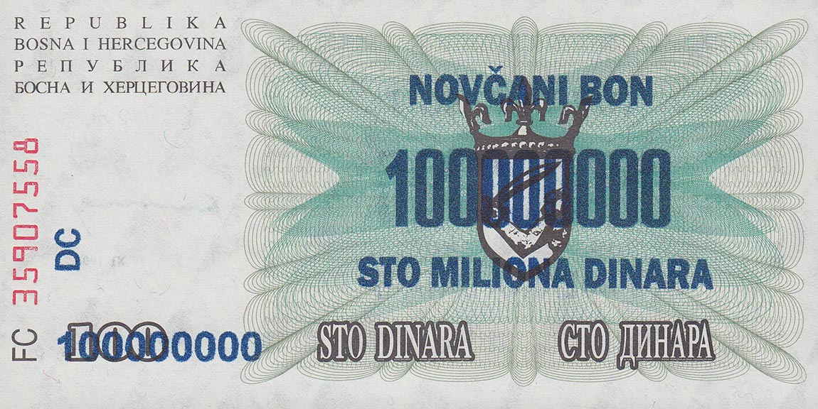 Back of Bosnia and Herzegovina p37a: 100000000 Dinara from 1993