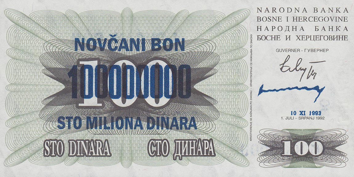 Front of Bosnia and Herzegovina p37a: 100000000 Dinara from 1993