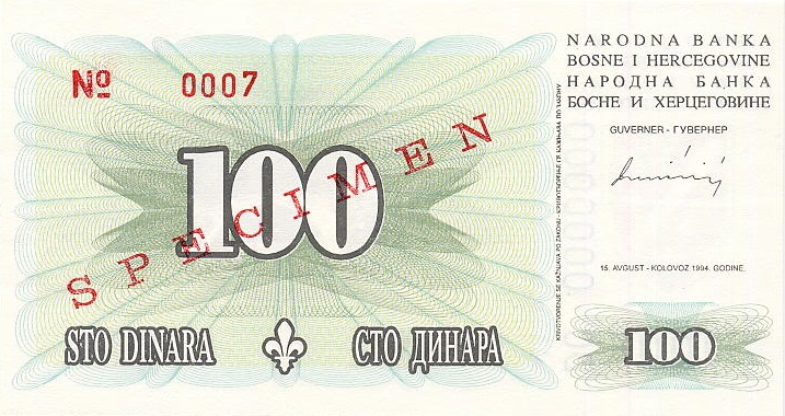 Front of Bosnia and Herzegovina p44s: 100 Dinara from 1994