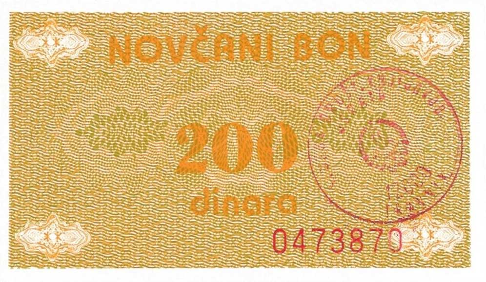 Front of Bosnia and Herzegovina p48a: 200 Dinara from 1992