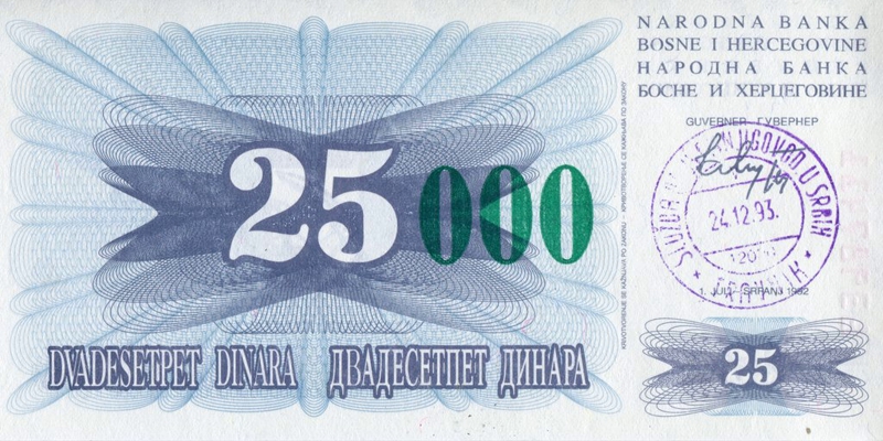 Front of Bosnia and Herzegovina p54g: 25000 Dinara from 1993