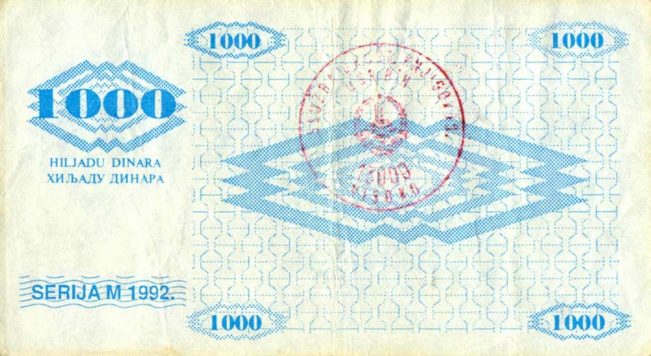 Front of Bosnia and Herzegovina p8f1: 1000 Dinara from 1992