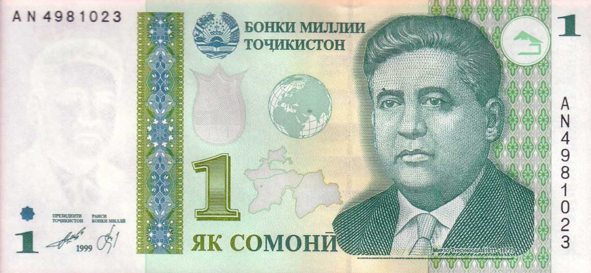 Front of Tajikistan p14A: 1 Somoni from 1999