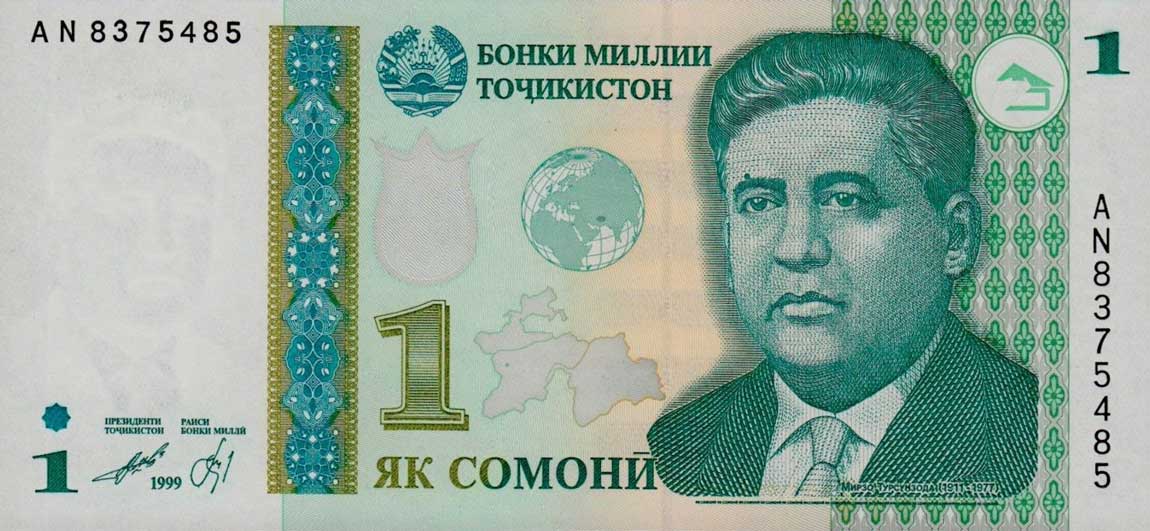 Front of Tajikistan p14b: 1 Somoni from 1999