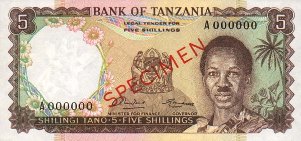 Front of Tanzania p1s: 5 Shillings from 1966